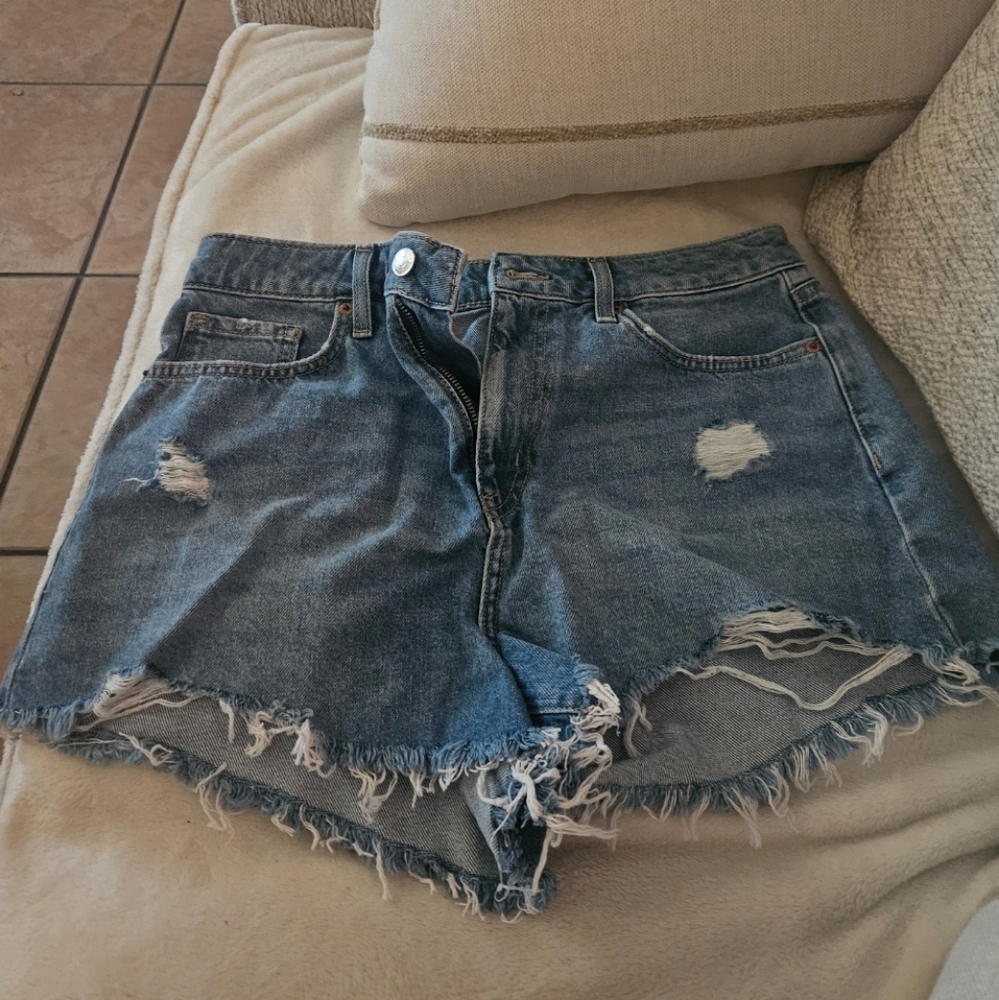 FOREVER21 High-rise Blue Denim Women's Ripped Frayed Jean Shorts